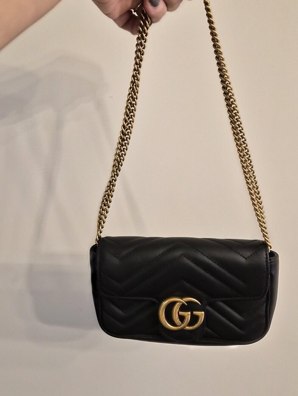 🖤 Gucci GG Marmont Super Mini Chain Crossbody Bag Black Chevron Leather - Picture 2 of 10